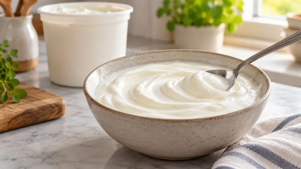 Plain yogurt in a ceramic bowl beside an unbranded tub