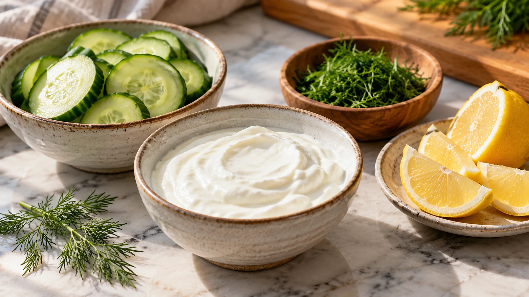 Plain yogurt with cucumber, dill and lemon arranged separately