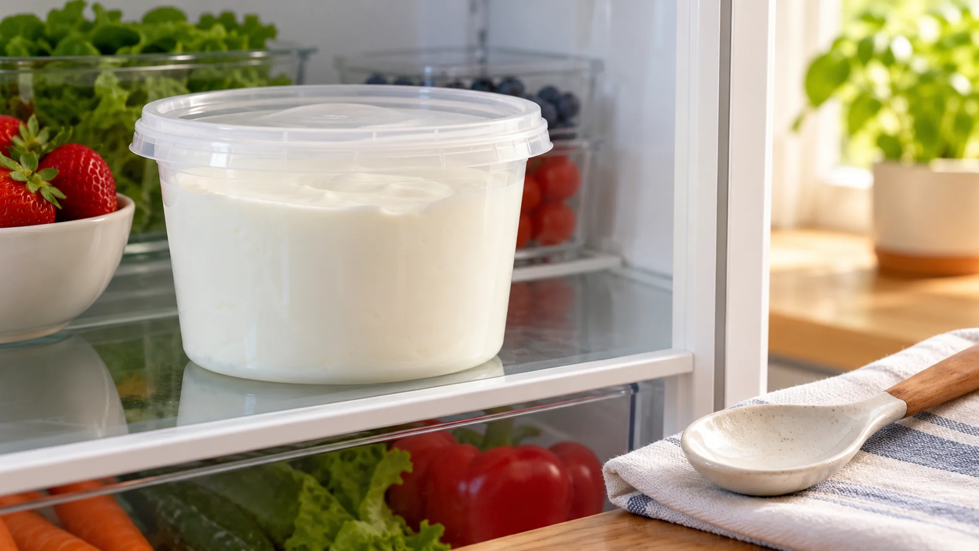 A covered plain yogurt tub on a refrigerator shelf
