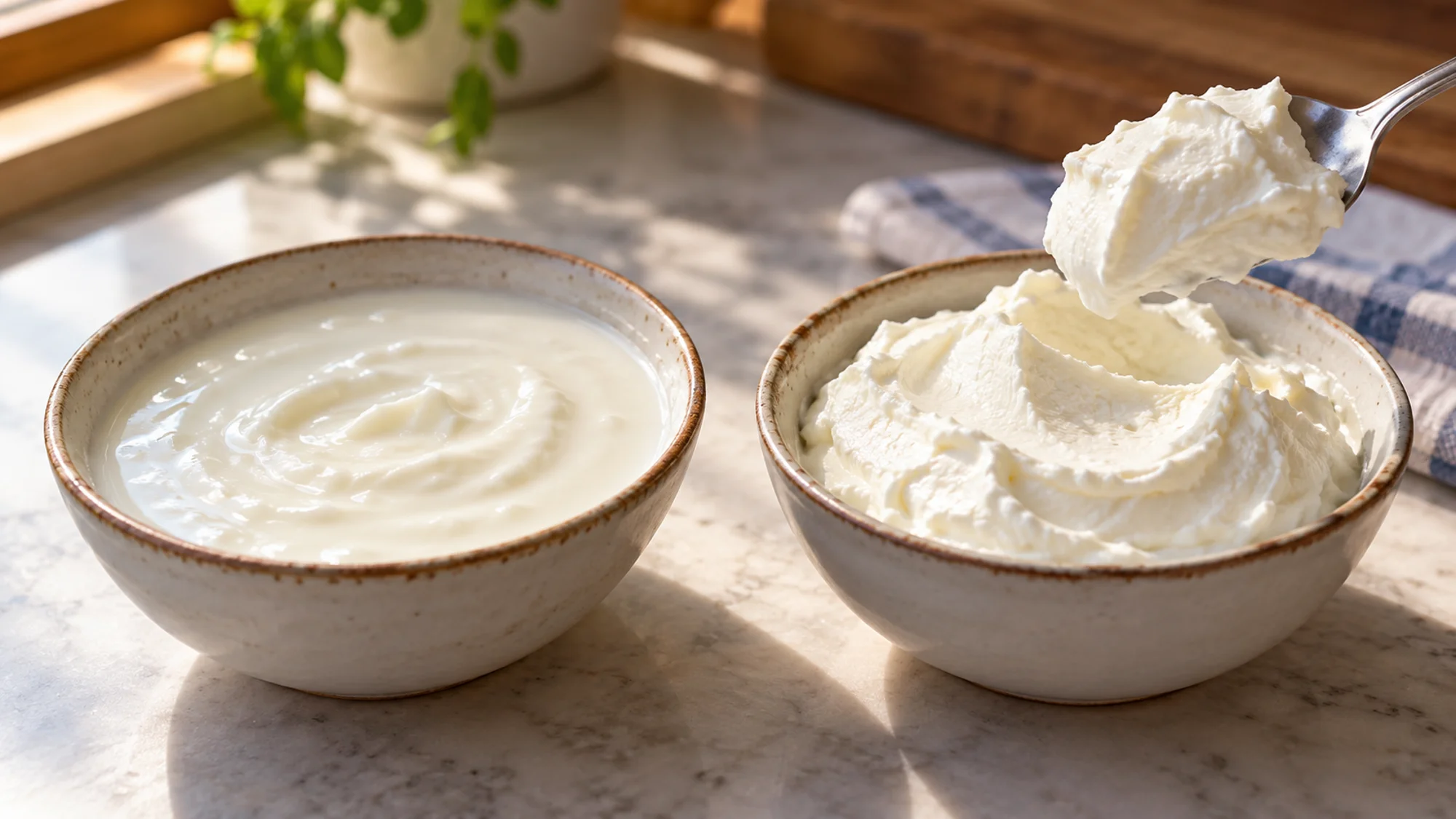 Regular and thicker strained plain yogurt in separate bowls