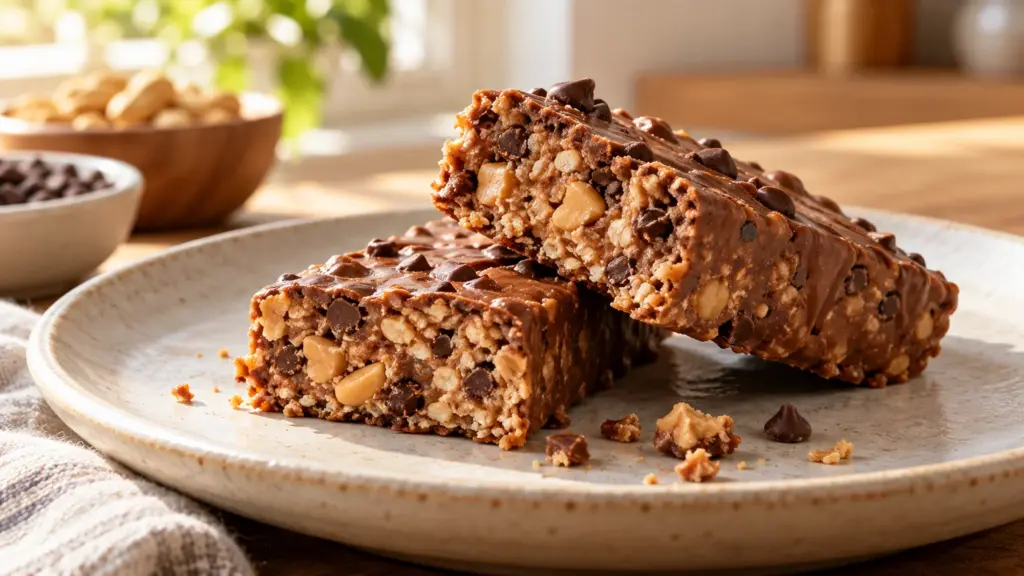 Plant based protein bars with peanuts and chocolate chips on a plate
