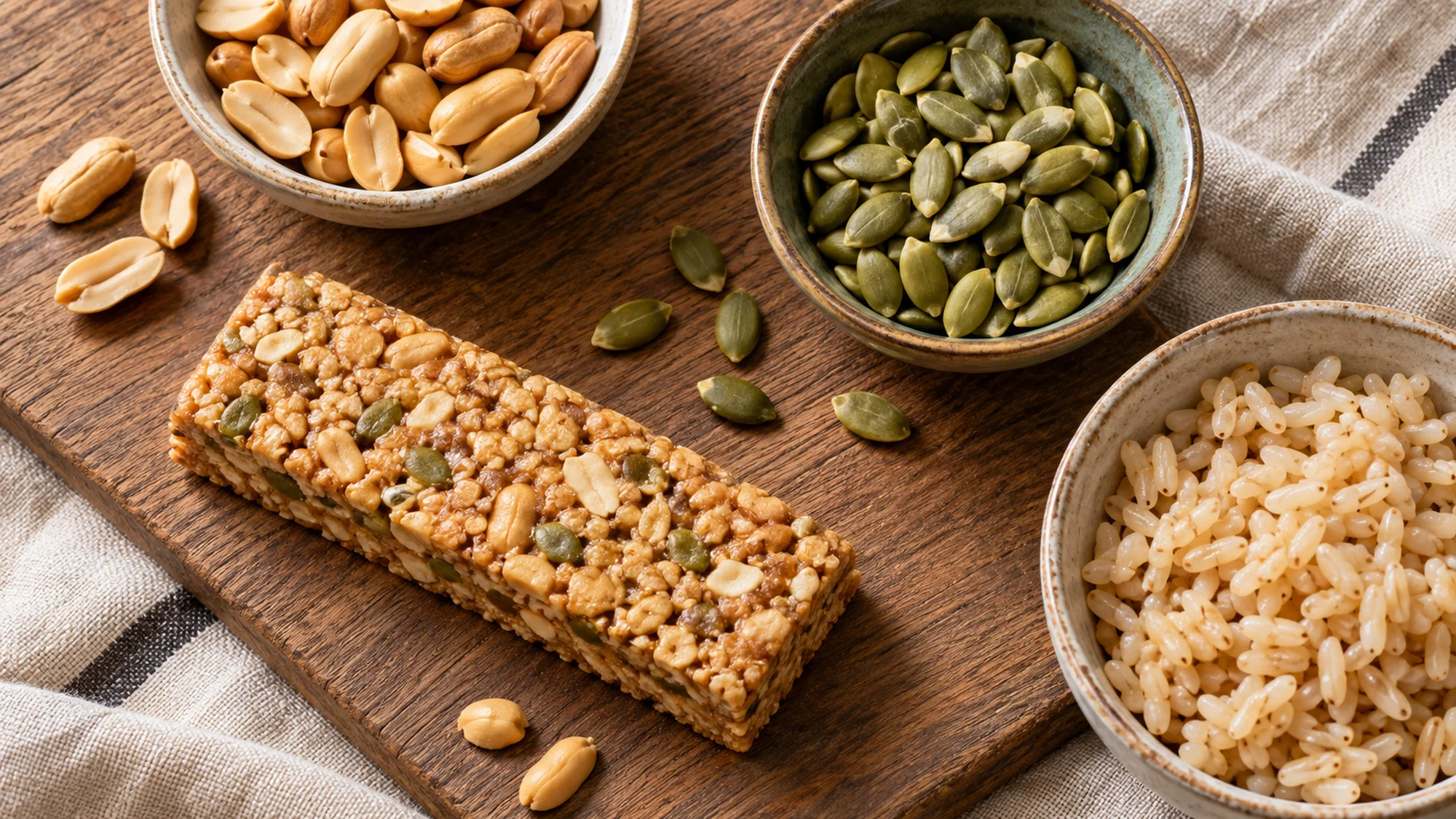 Unbranded plant based protein bar beside peanuts, pumpkin seeds and rice