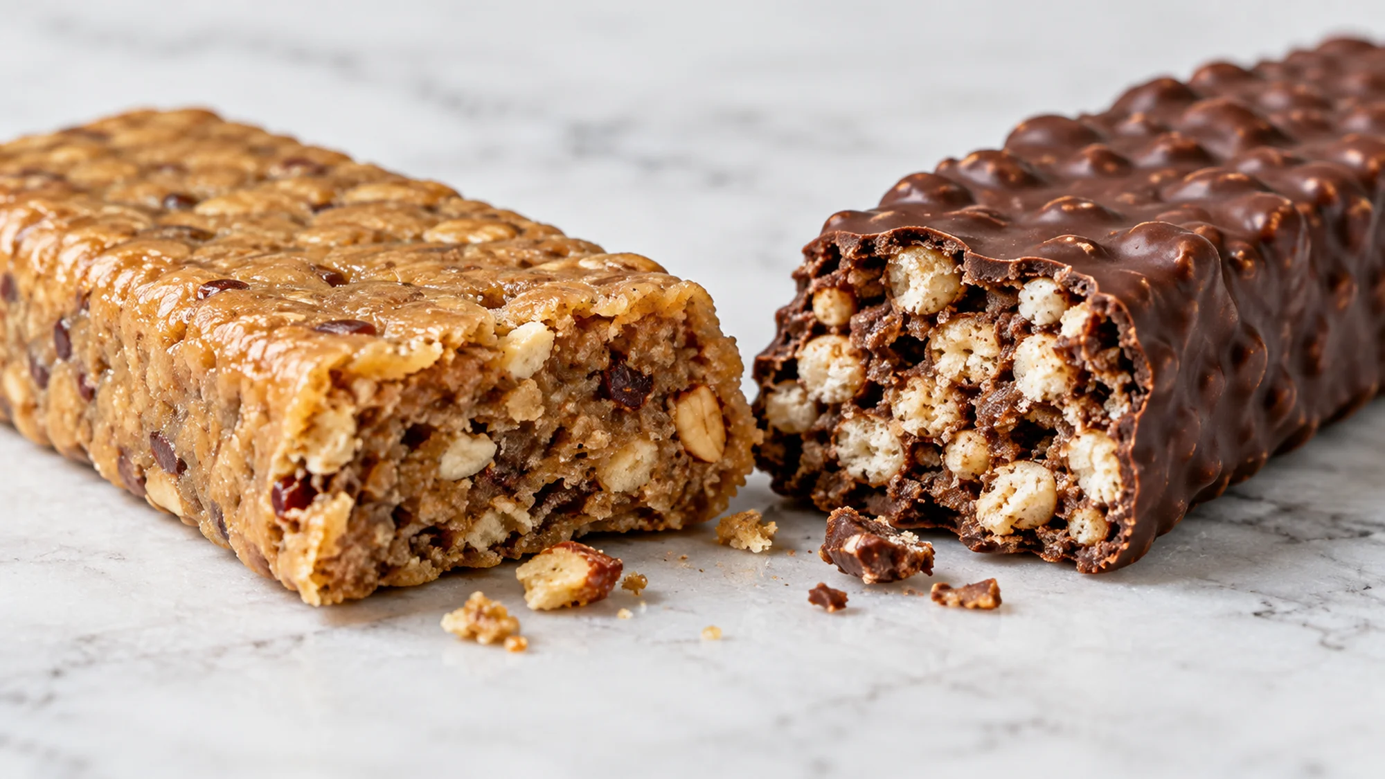 Broken nut-butter and chocolate-coated crisp bars showing different textures