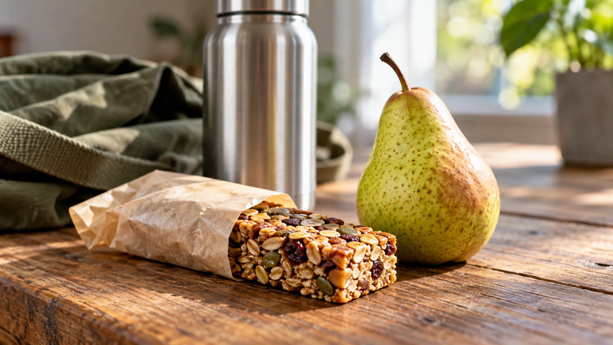 Plant based protein bar packed with a pear and reusable water bottle