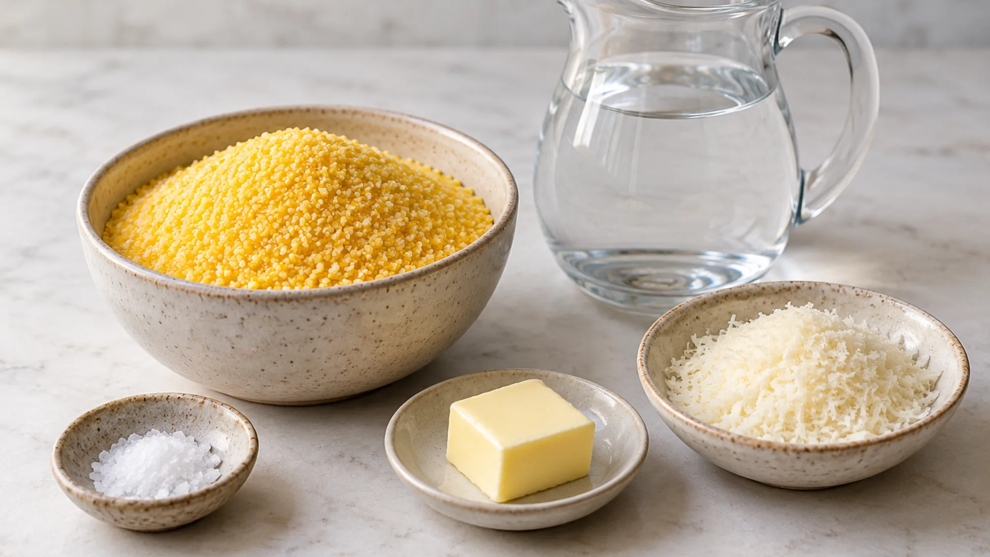 Polenta ingredients: cornmeal, water, butter and Parmesan