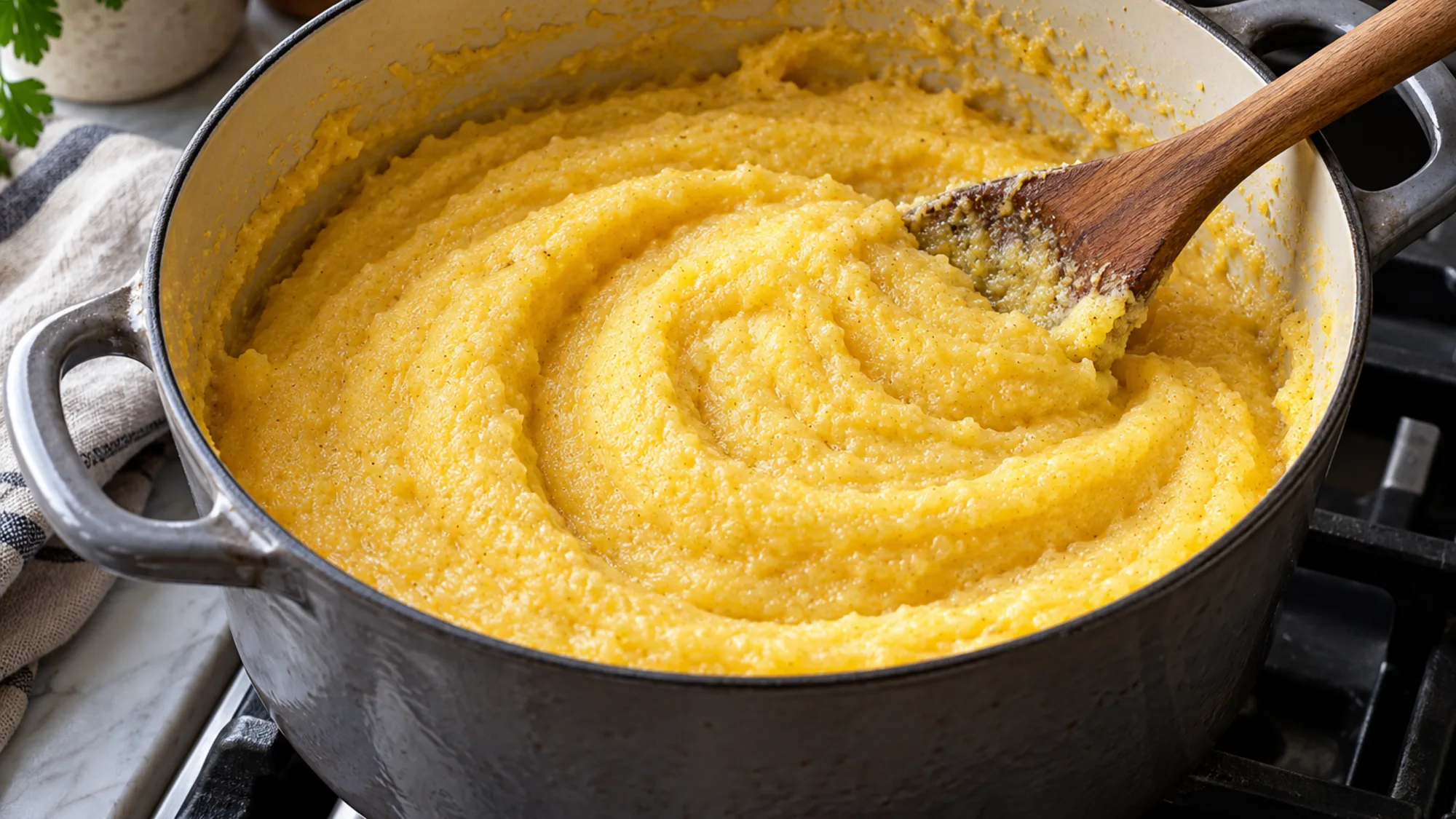 Creamy polenta stirred in a saucepan
