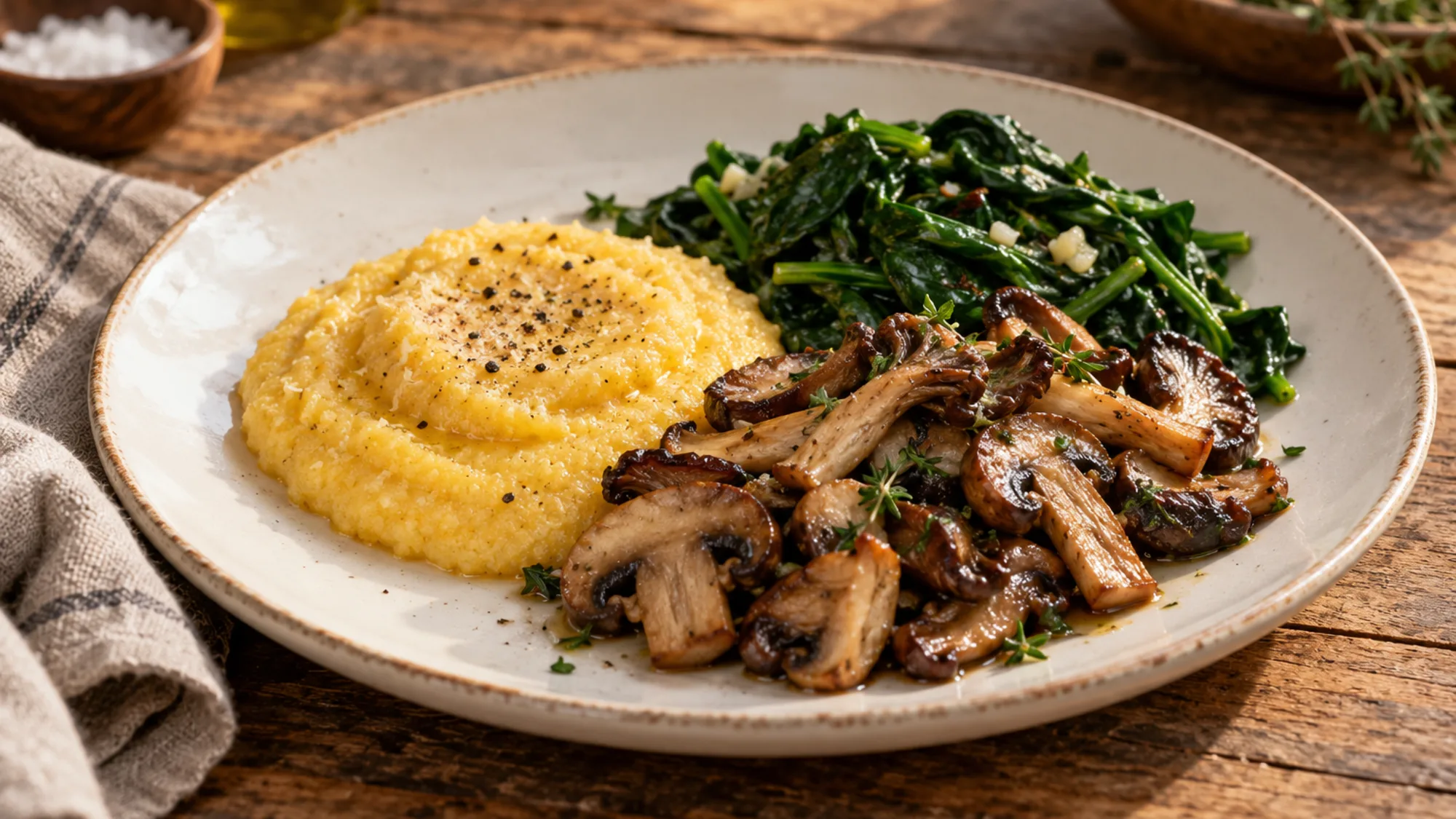 Polenta serving suggestion with mushrooms and spinach