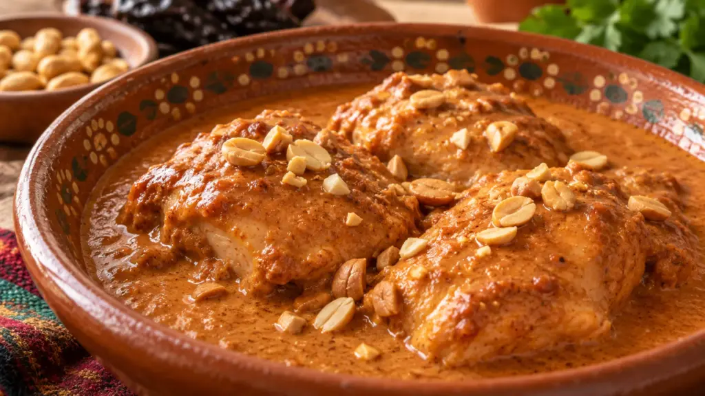Pollo encacahuatado in a reddish peanut sauce