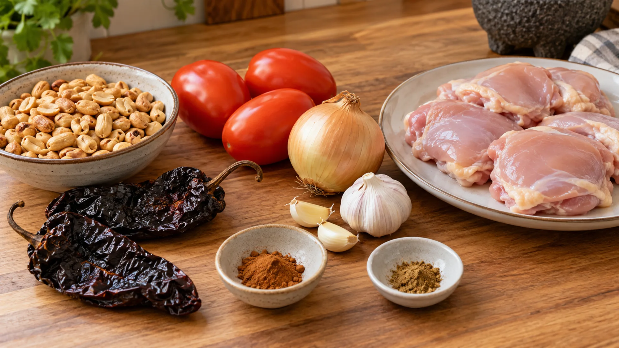 Pollo encacahuatado ingredients with chicken, peanuts, tomatoes and ancho chile