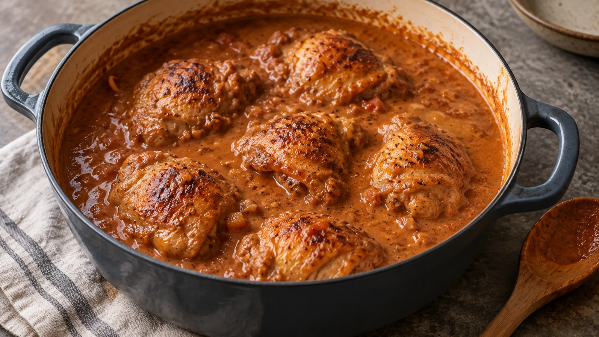 Pollo encacahuatado simmering in tomato peanut sauce