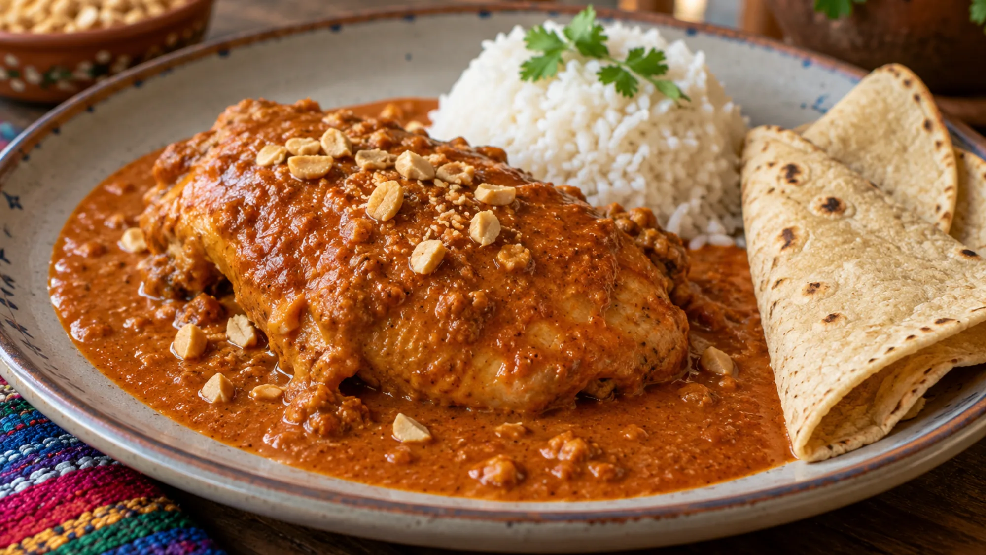 Pollo encacahuatado served with rice and tortillas
