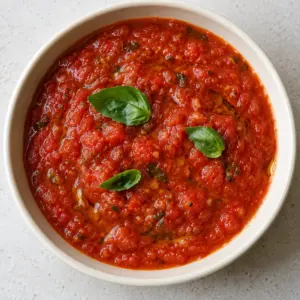 Bowl of chunky pomodoro sauce with basil leaves