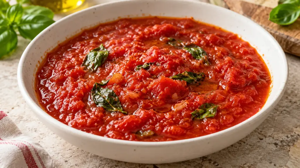 Pomodoro sauce in a white bowl topped with fresh basil