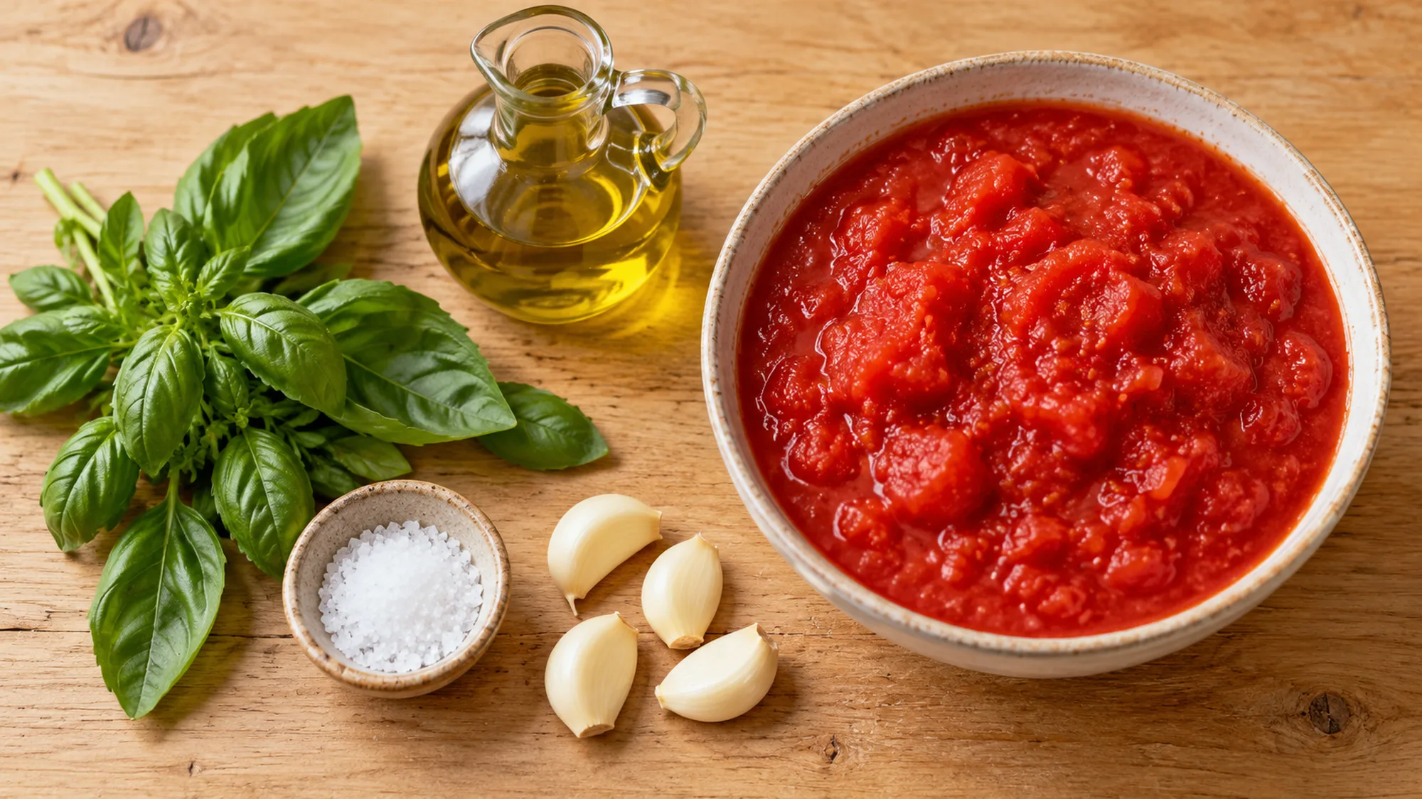Crushed tomatoes, garlic, olive oil, and fresh basil for pomodoro sauce