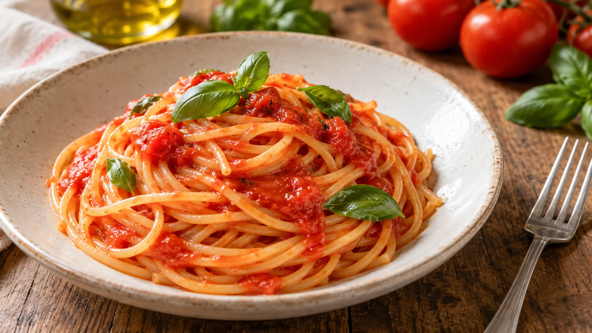 Pomodoro sauce served with pasta and fresh basil