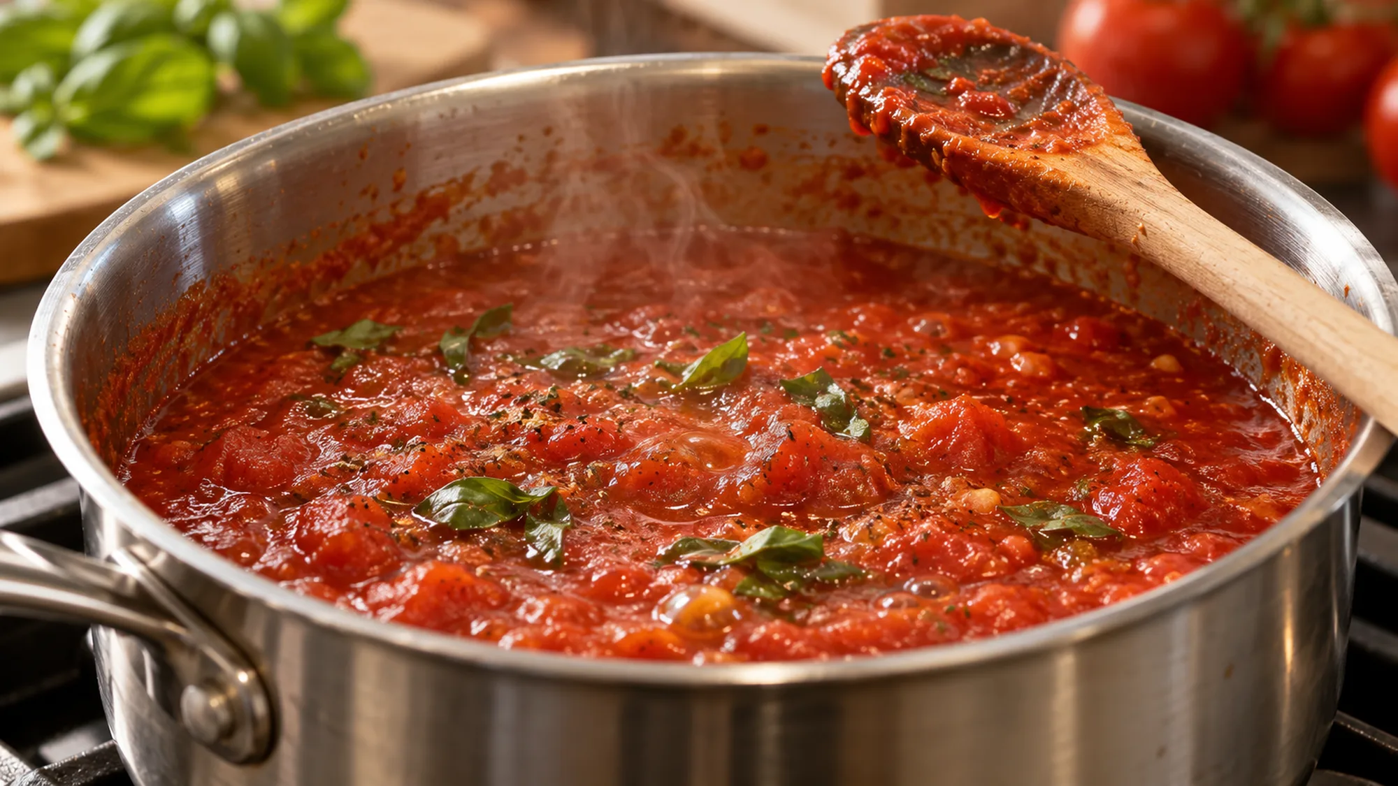 Tomato sauce gently simmering in a saucepan