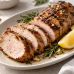 Pork tenderloin medallions with lemon and rosemary on a plate