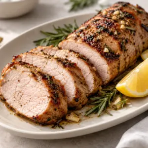 Pork tenderloin medallions with lemon and rosemary on a plate