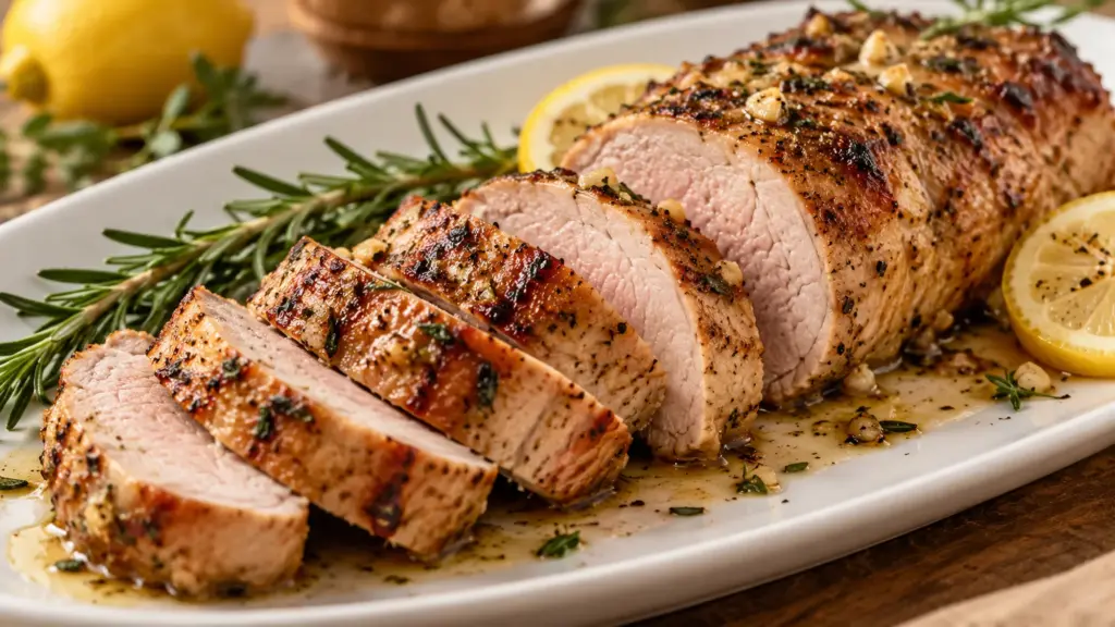 Sliced pork tenderloin with lemon and rosemary