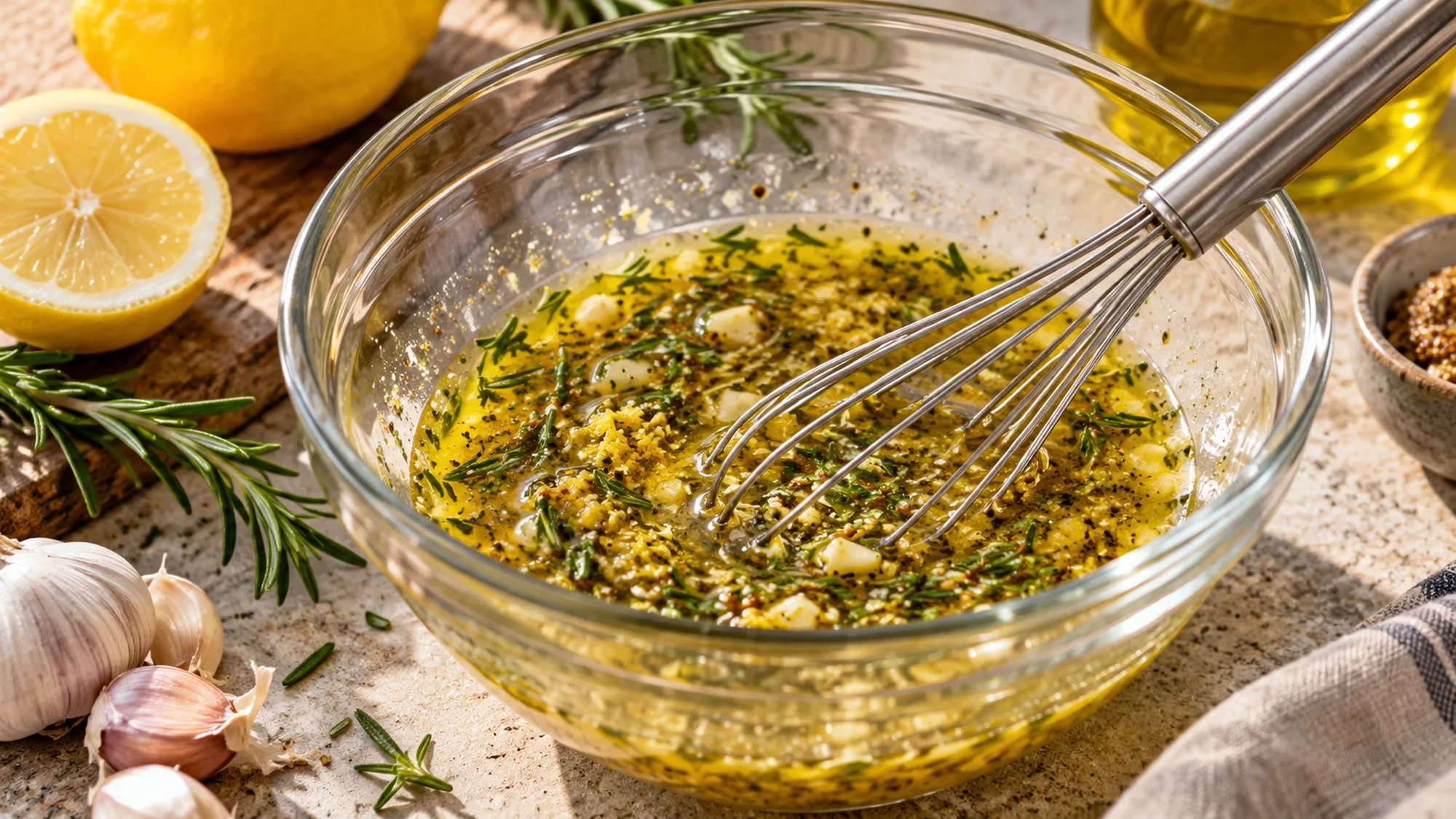 Lemon garlic rosemary pork fillet marinade being mixed in a bowl