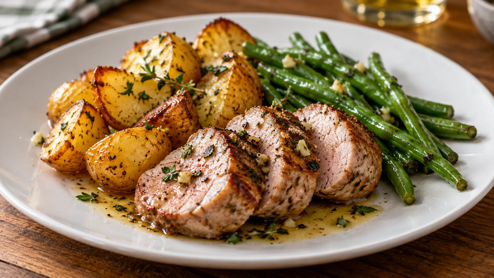 Grilled pork fillet sliced into medallions with lemon and herbs