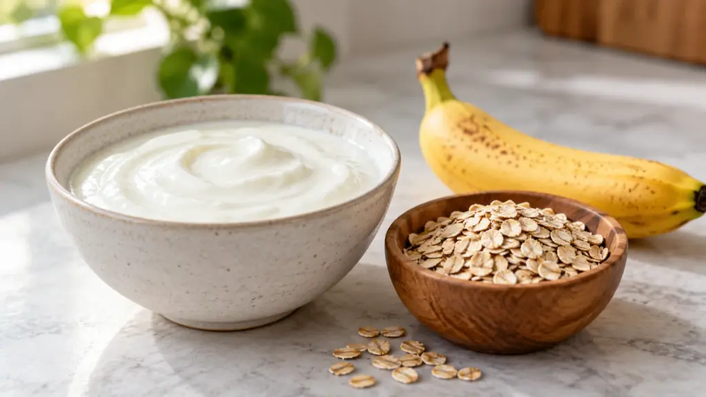 Prebiotic vs probiotic: yogurt beside oats and a banana
