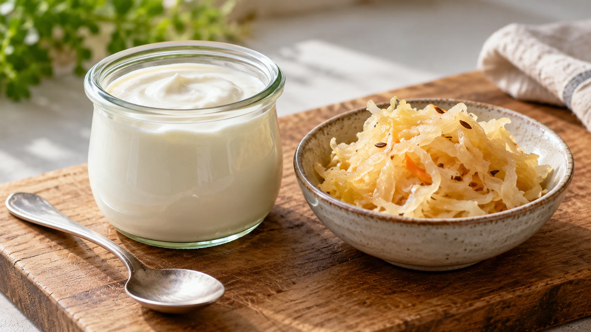 Prebiotic vs probiotic: plain yogurt and sauerkraut