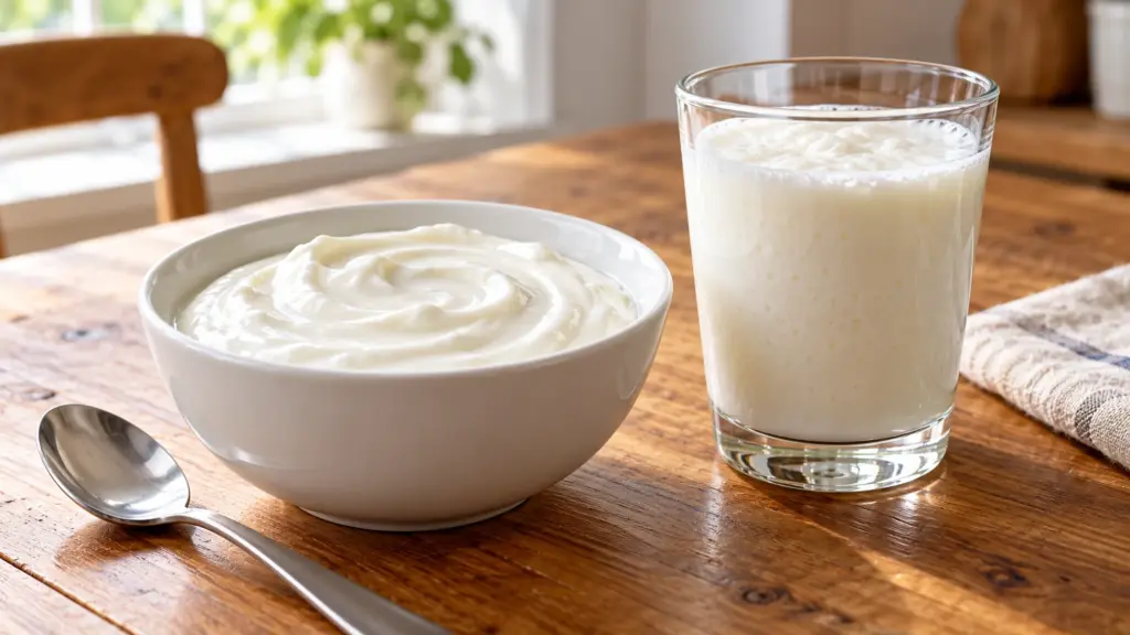 Probiotics benefits guide with plain yogurt and kefir