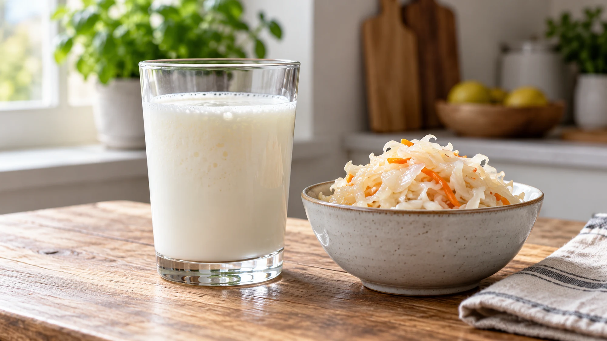 Probiotics benefits discussion illustrated by kefir and fermented cabbage
