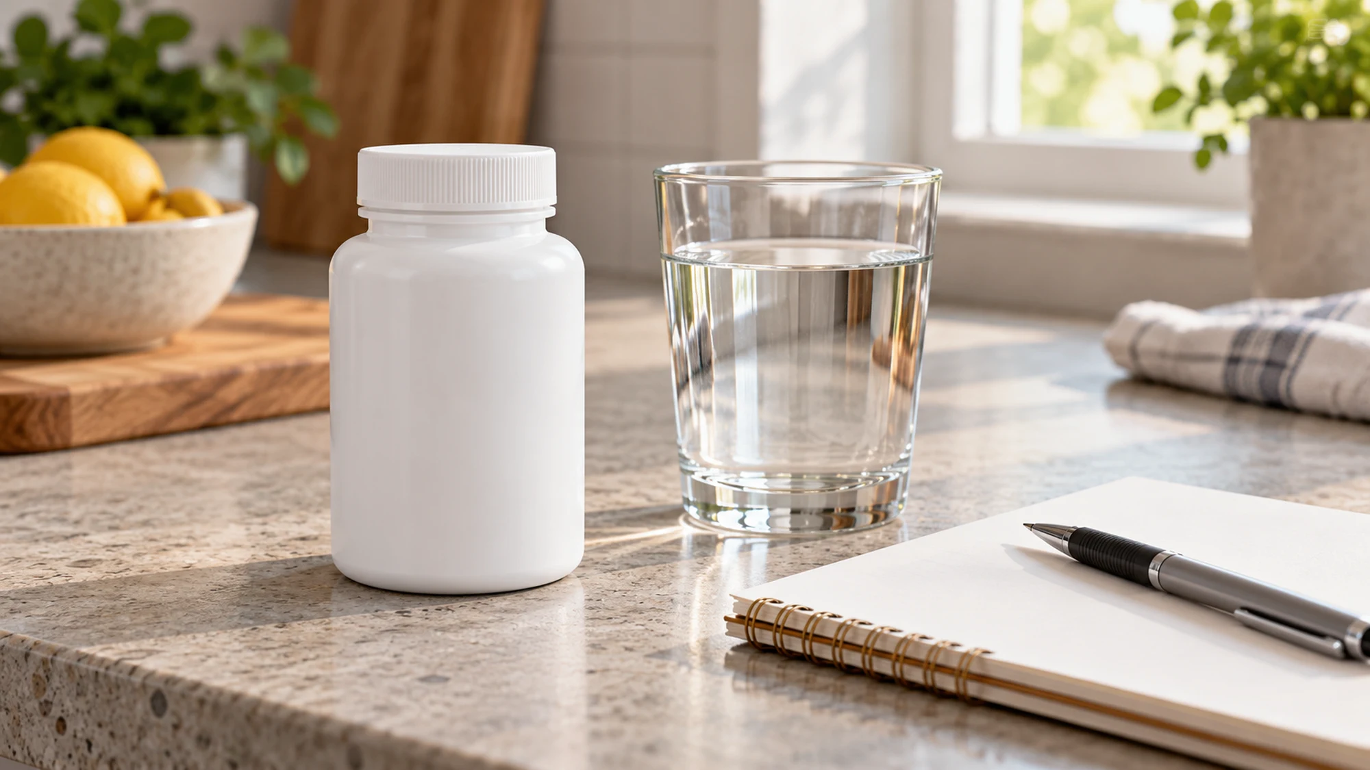 Probiotics benefits questions represented by a supplement bottle, water, and notebook