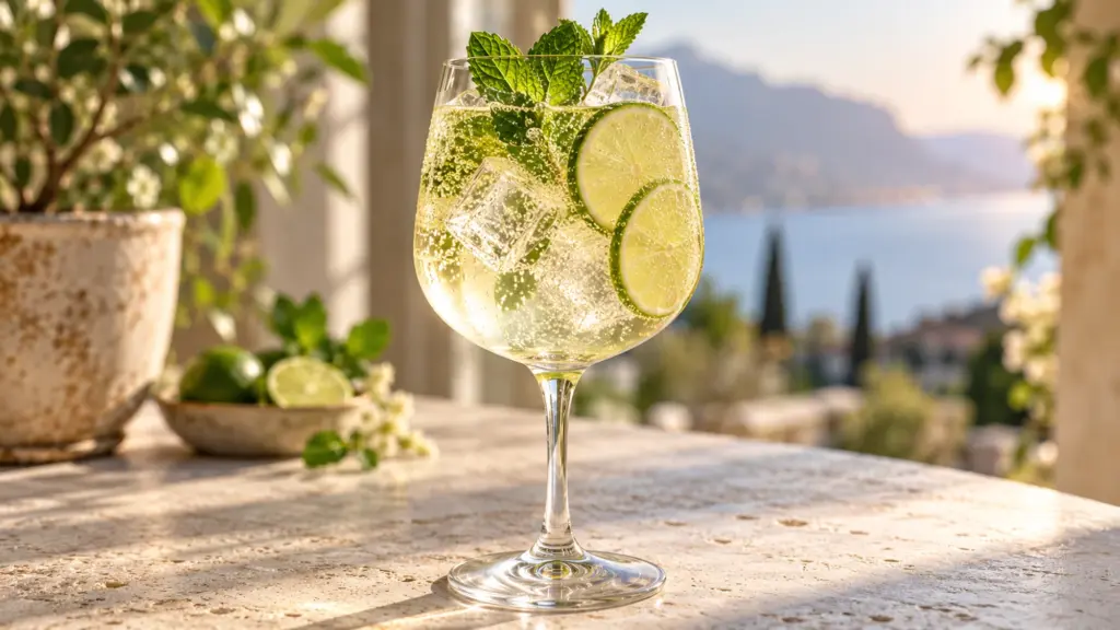 Prosecco for Hugo Spritz with ice, mint and lime