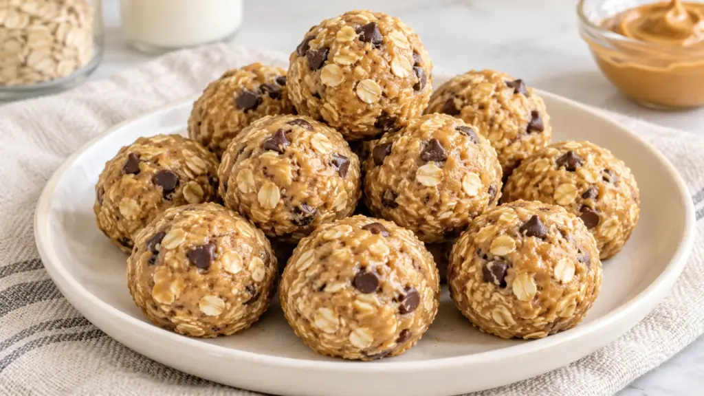 Protein balls recipe with oats, peanut butter and chocolate chips