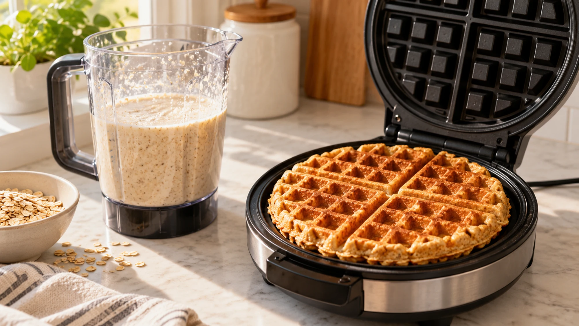 Golden protein waffle in an open waffle iron beside batter