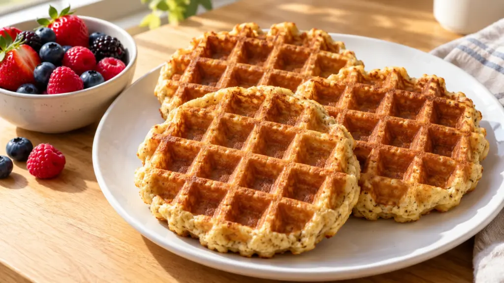 Golden protein waffles with berries on the side