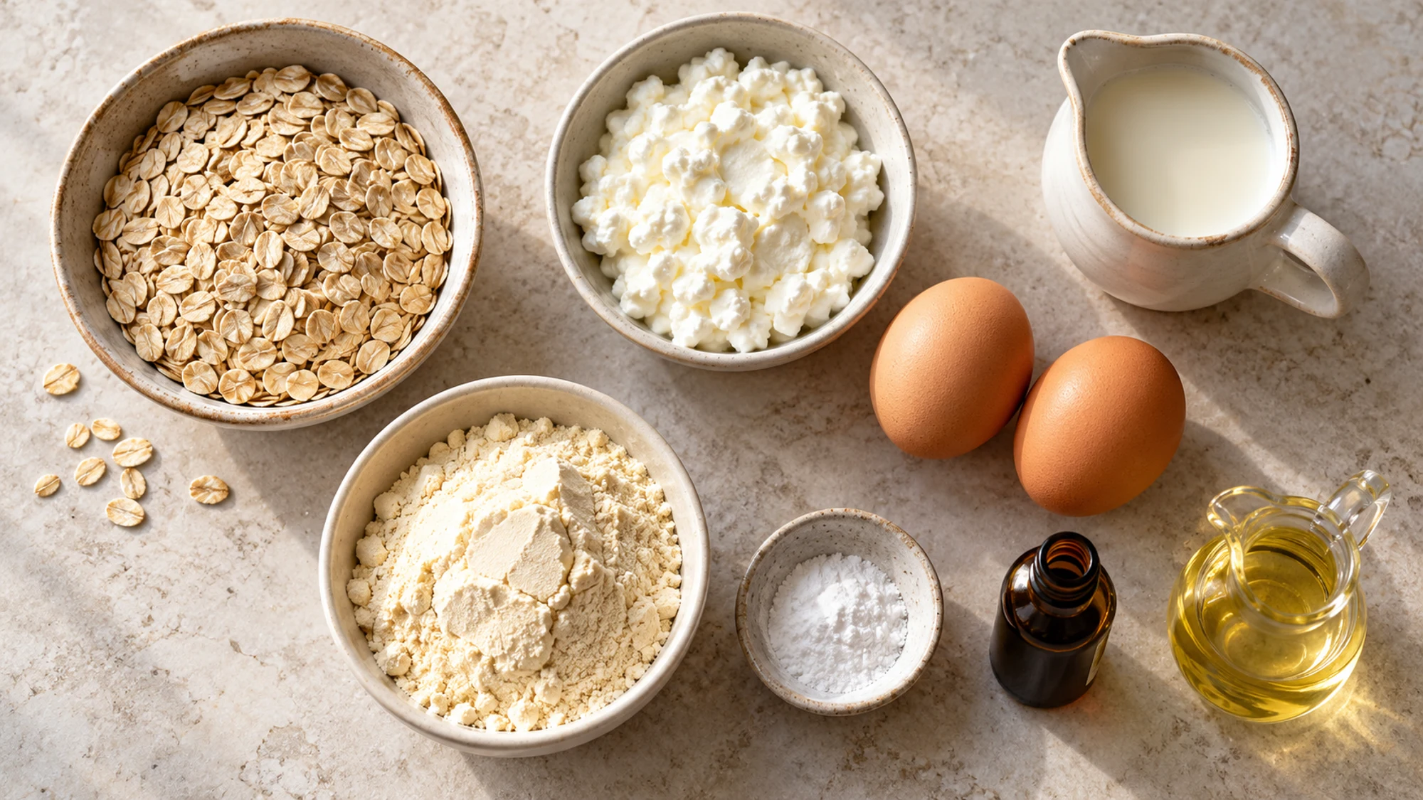 Oats, cottage cheese, eggs, milk and whey for protein waffles