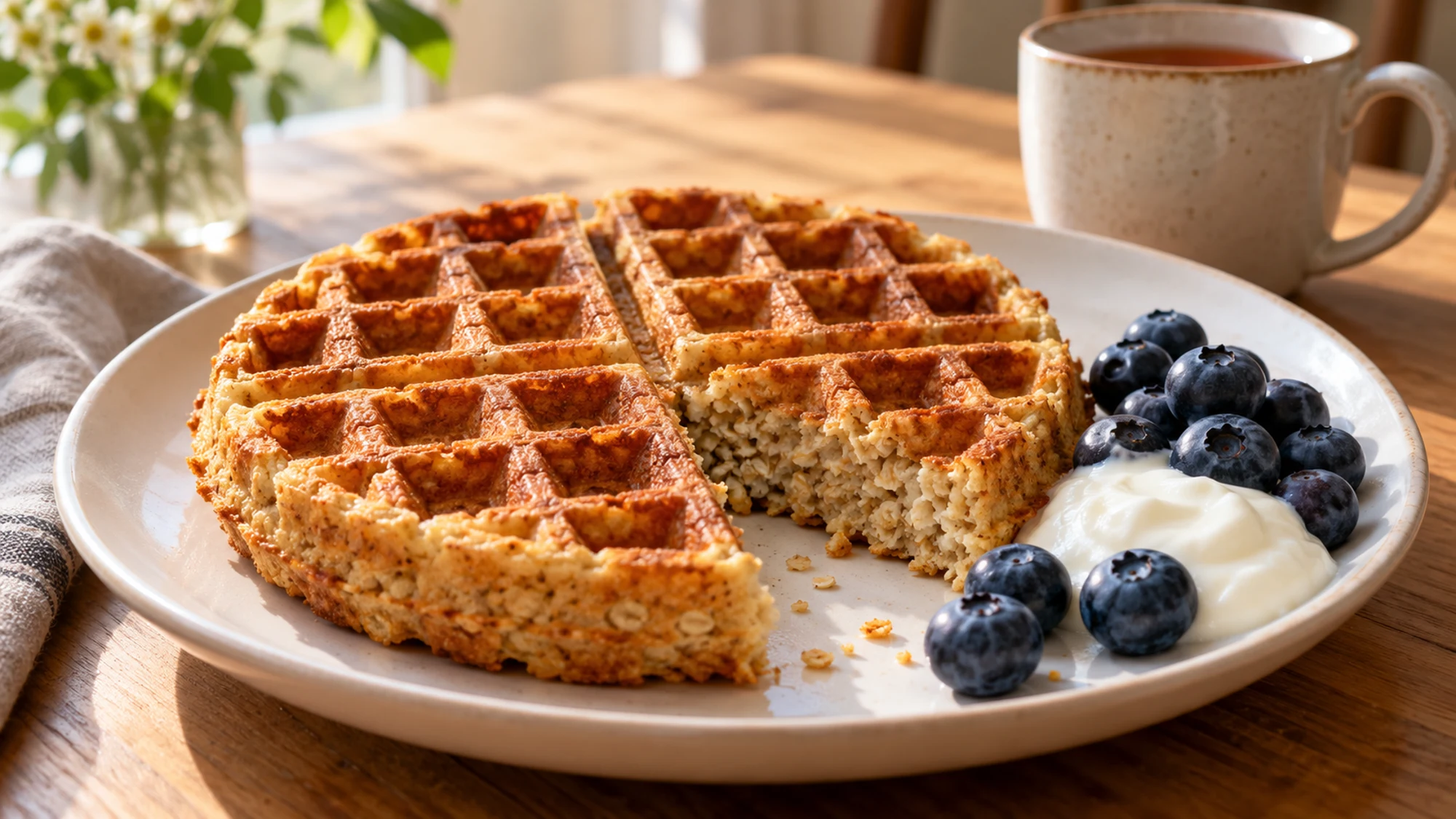 Protein waffle with yogurt and blueberries on the side