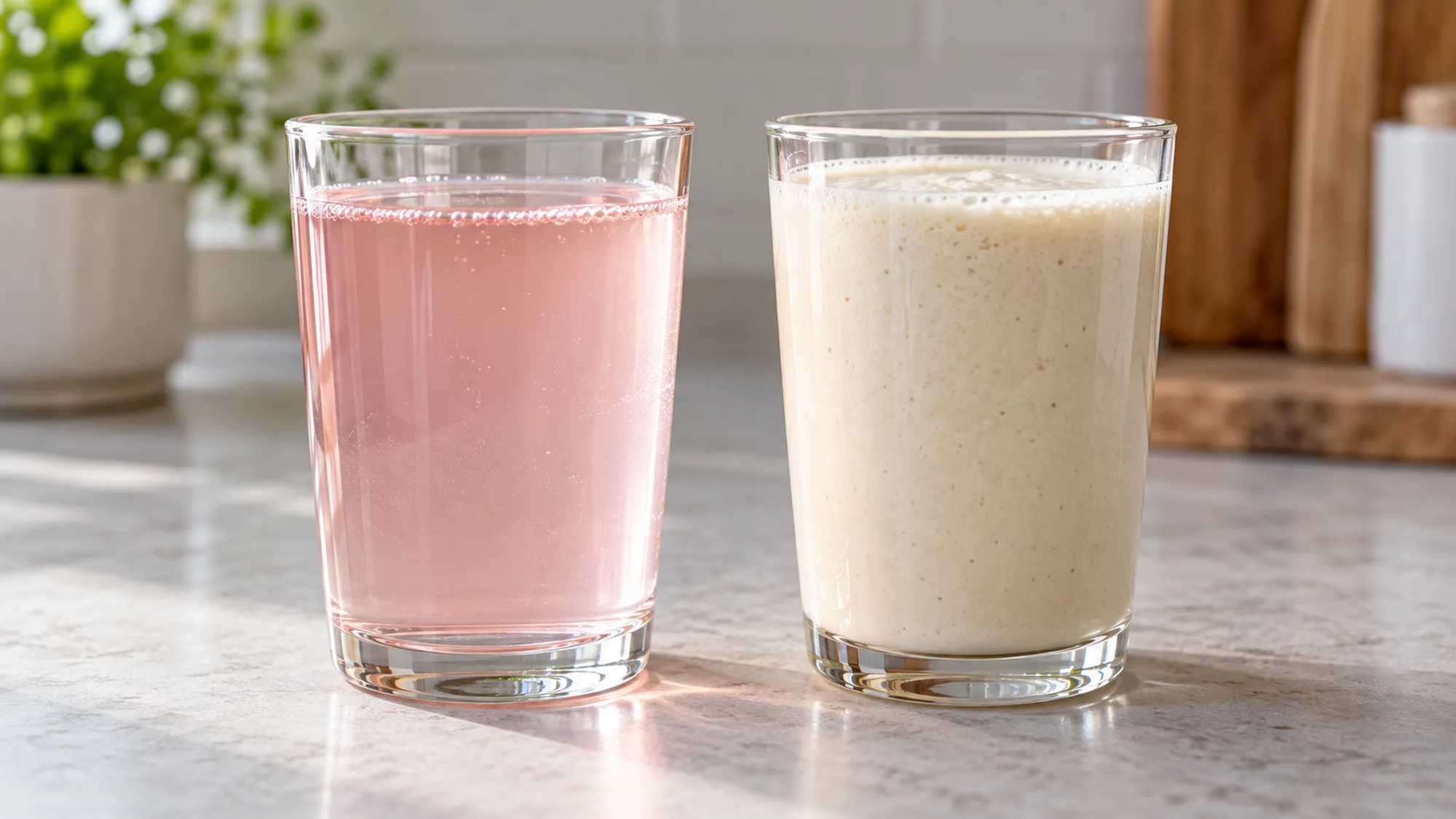 Protein water beside an opaque creamy protein shake