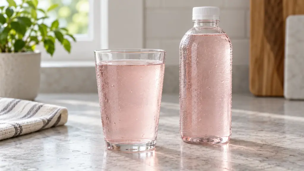 Protein water in a clear glass beside an unbranded bottle