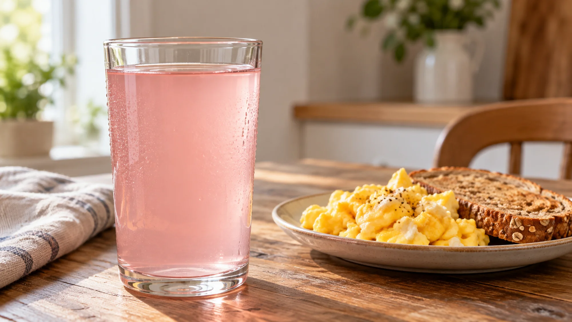 Protein water beside scrambled eggs and whole-grain toast
