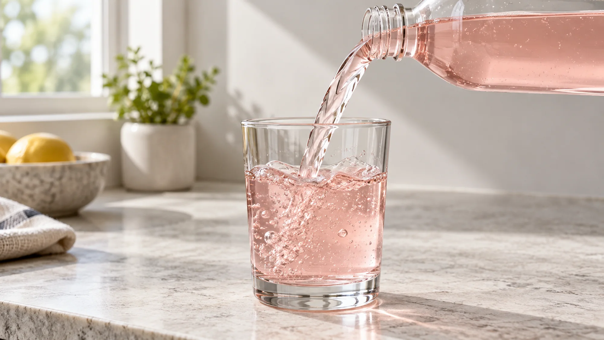 Pale pink protein water pouring into a clear glass