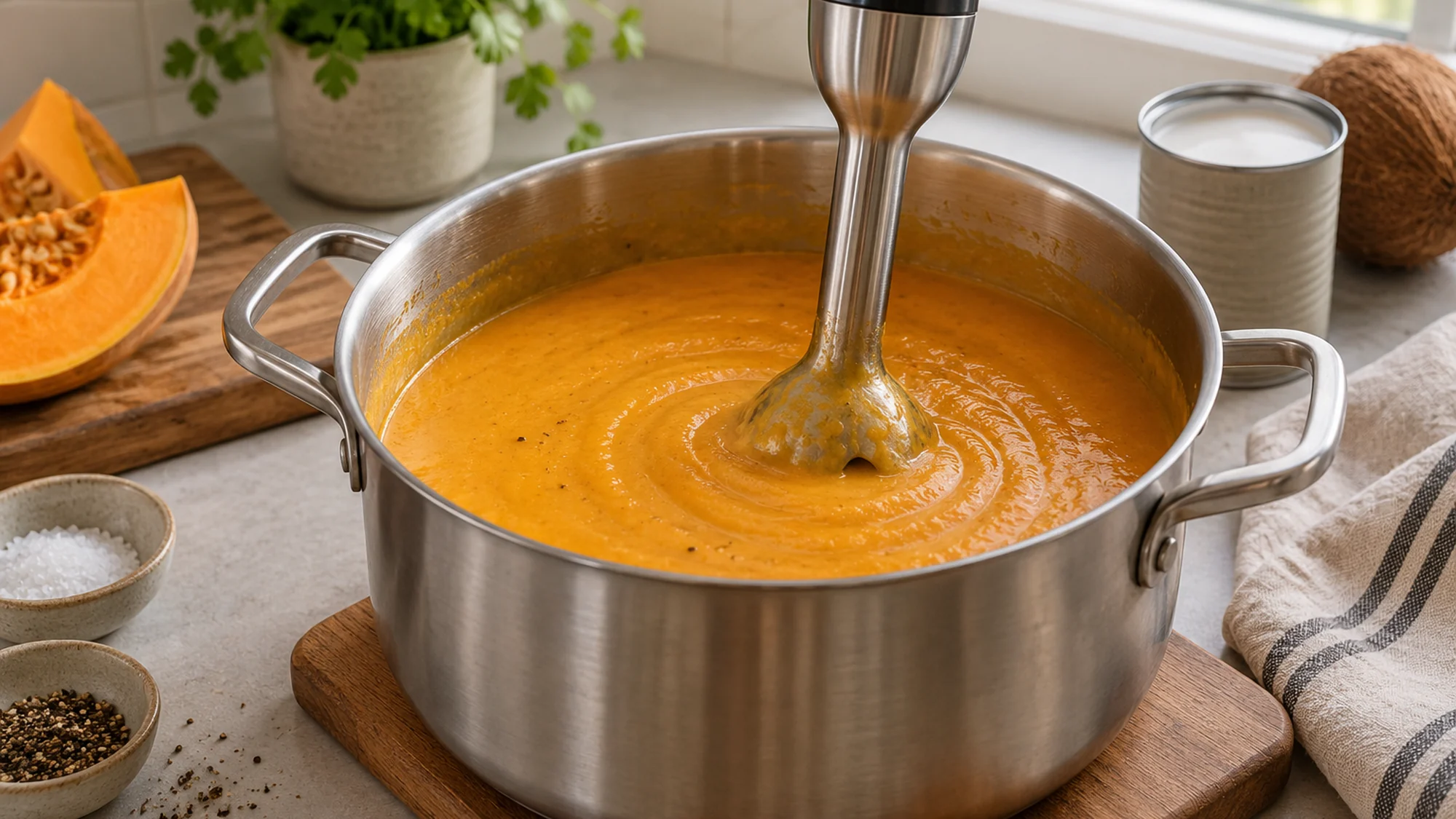 Pumpkin coconut soup blended smooth in a stainless steel pot