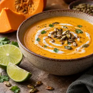 Pumpkin coconut soup in a ceramic bowl with coconut milk swirl