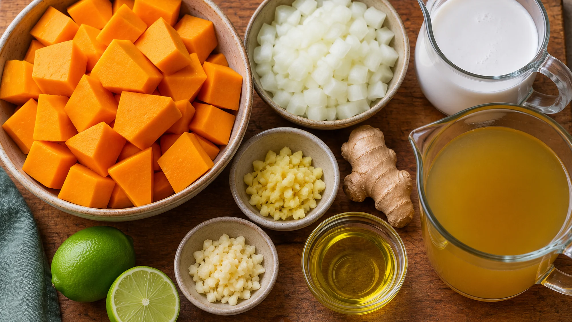 Pumpkin coconut soup ingredients: diced pumpkin, onion, coconut milk, ginger and lime