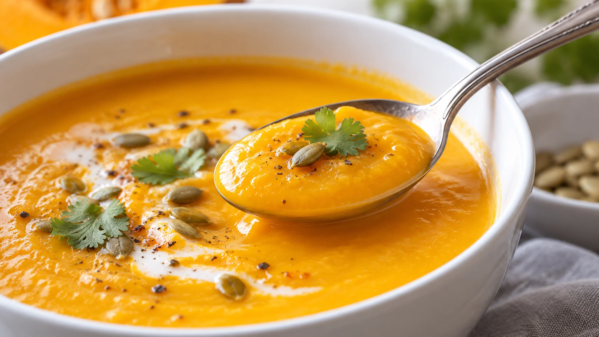 A spoonful of pumpkin coconut soup with optional cilantro and pepitas