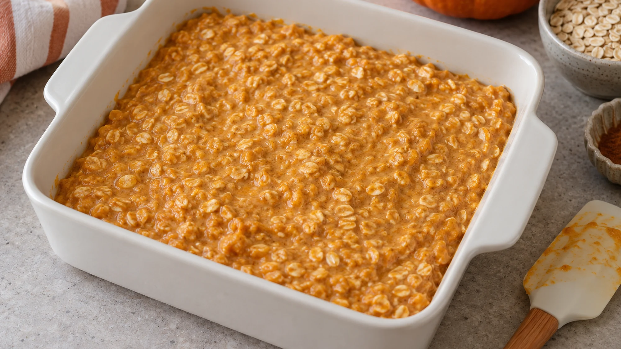 Pumpkin cottage cheese baked oatmeal mixture spread in a square baking dish