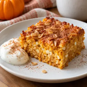 Pumpkin cottage cheese baked oatmeal square showing whole oats and moist orange crumb