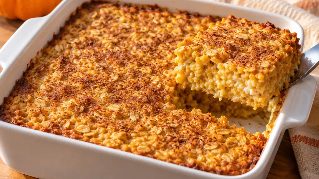 Pumpkin cottage cheese baked oatmeal in a square white baking dish