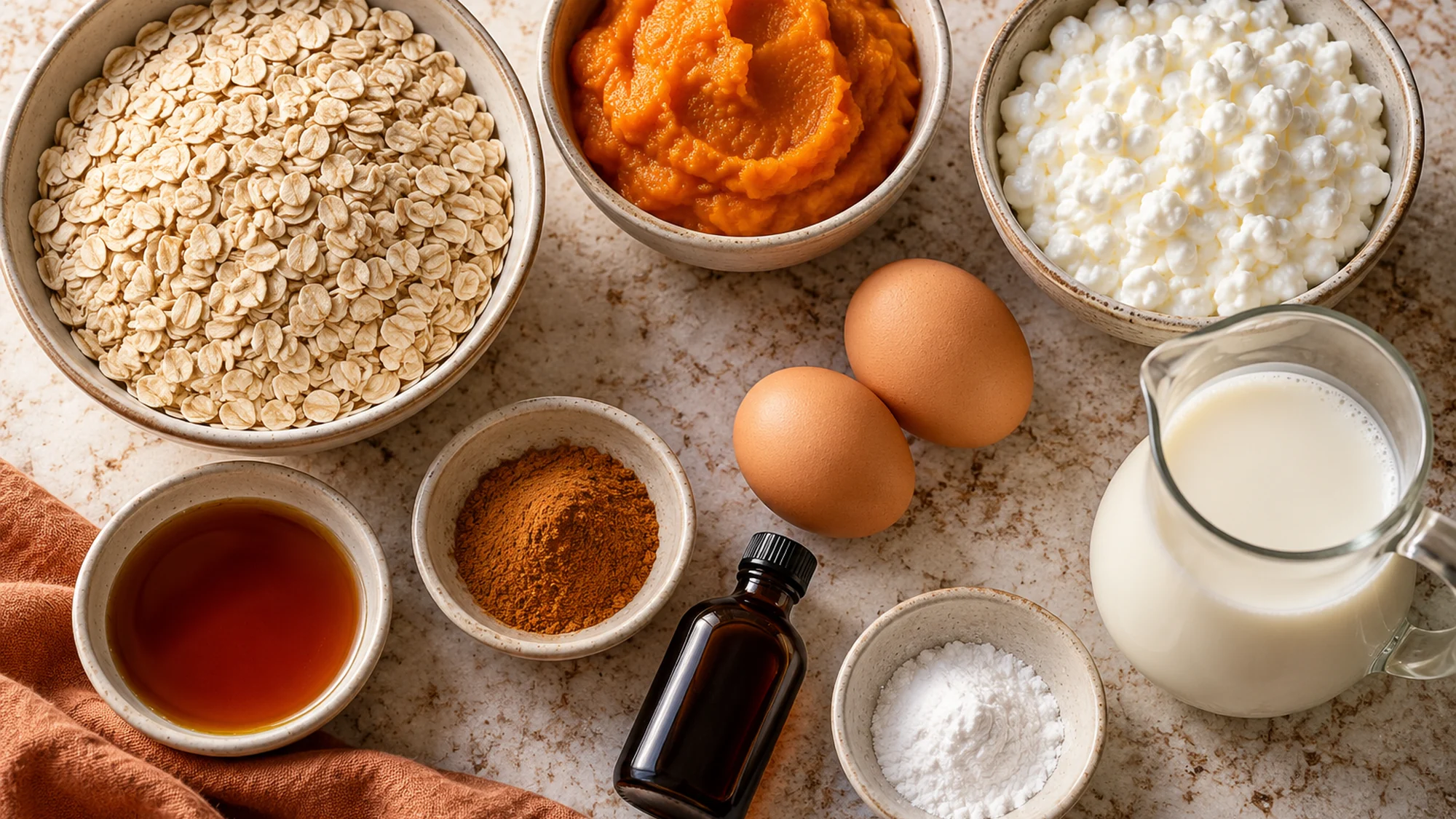 Rolled oats, pumpkin, cottage cheese, eggs and milk for pumpkin cottage cheese baked oatmeal