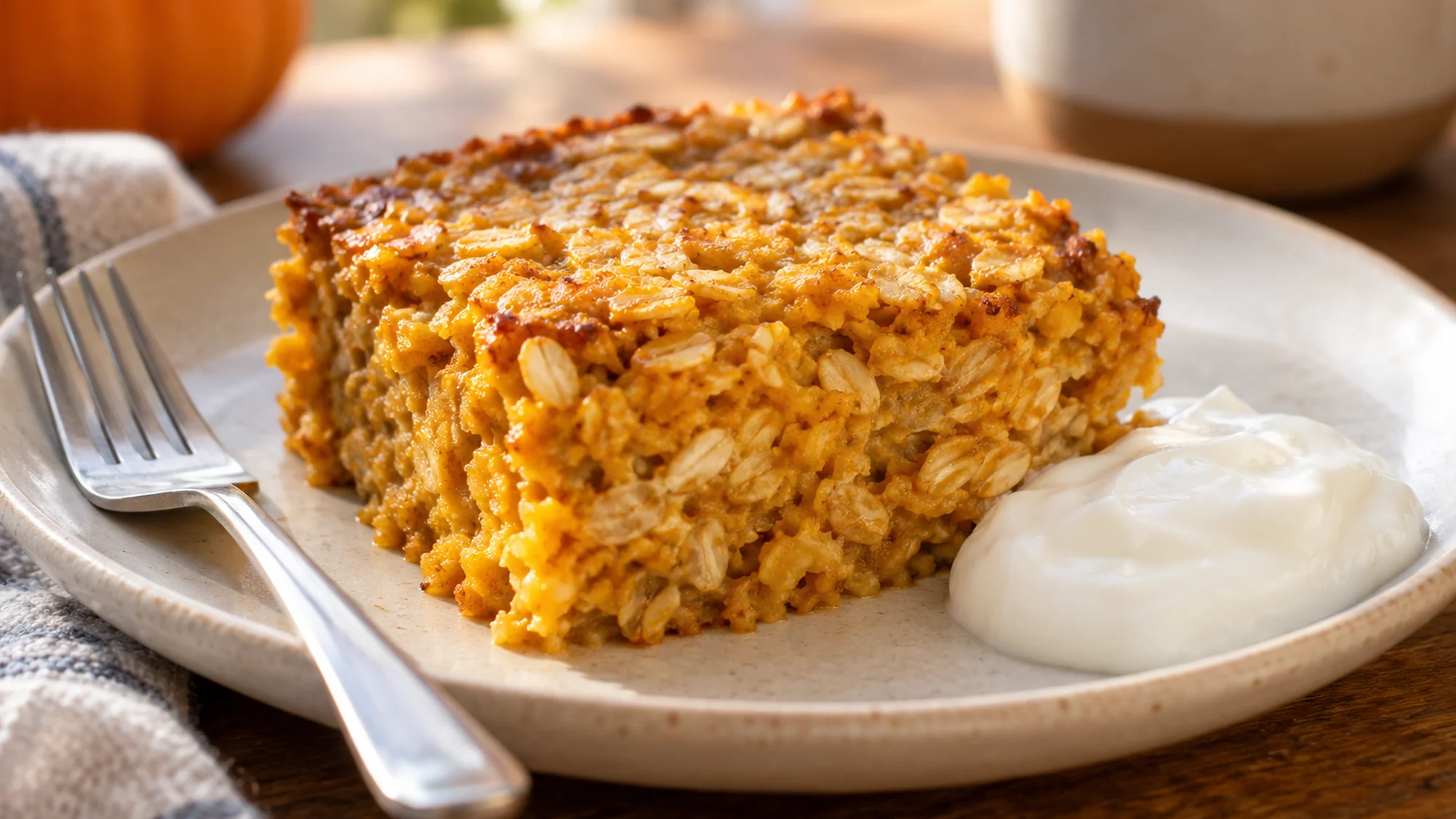 A slice of pumpkin cottage cheese baked oatmeal with optional plain yogurt