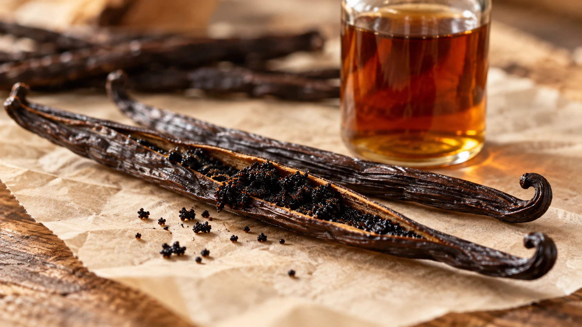 Vanilla seeds and a split pod beside pure vanilla extract